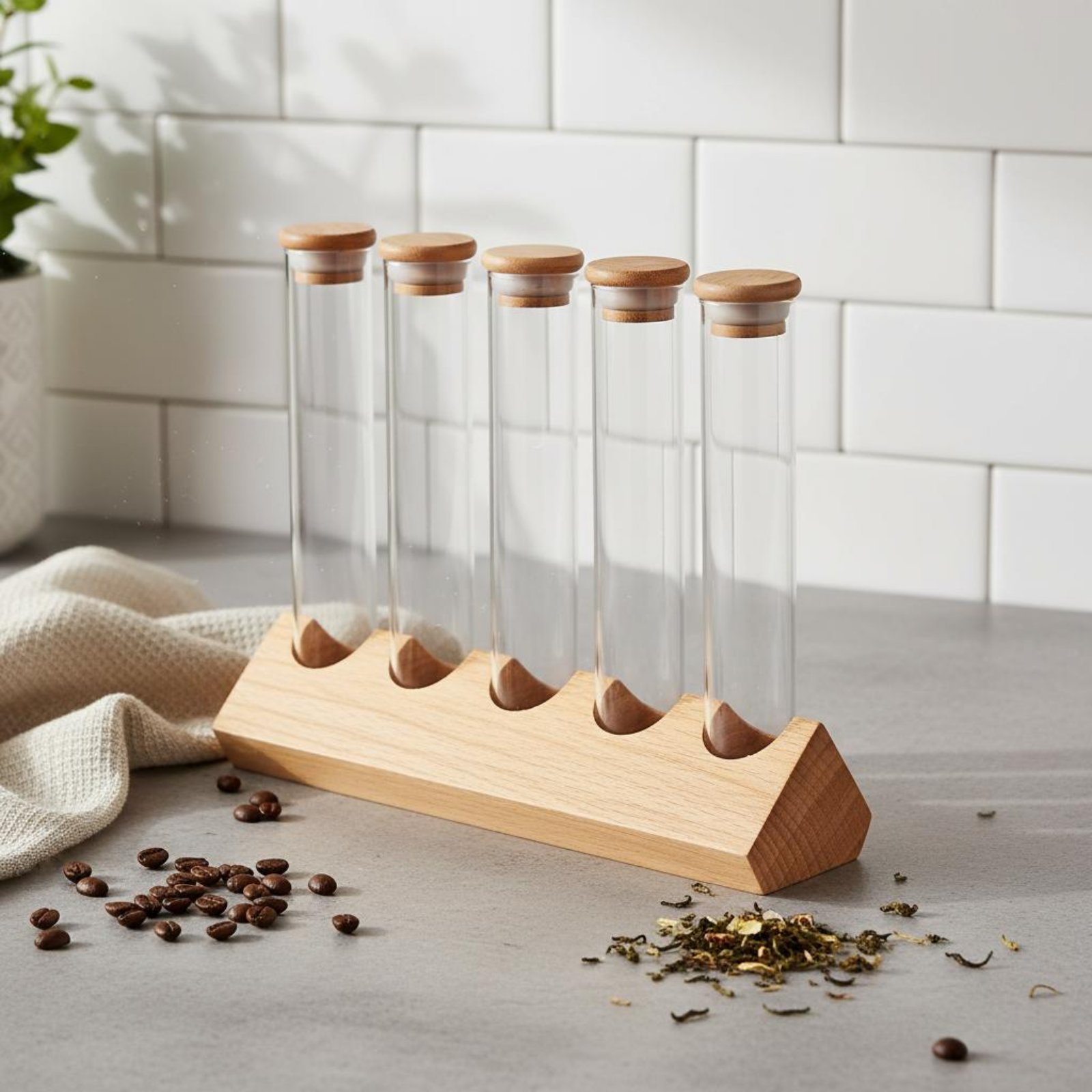 Glass Tube Container Set with  - Display Stand Wood 评论和价格